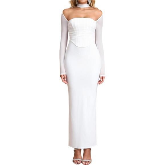 Fall Long Sleeve Corset Halter Formal Dress White - Picture 1 of 6